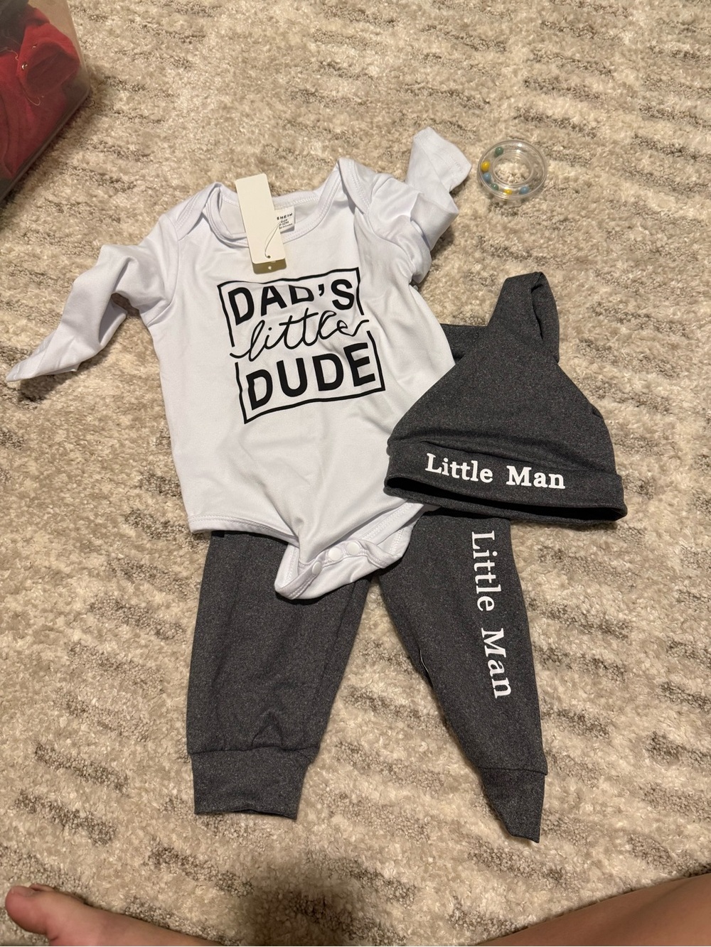 Dad's Little Dude One-Piece Set with Little Man Hat and Pants - White & Charcoal